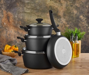 Set oale aluminiu 7 piese Zilan ZLN3277, Strat interior neaderent, Manere ebonita, Capace sticla termorezistenta - Img 3