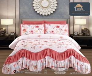 Cuvertura pat dublu matlasata, 3 piese, cu volanase si imprimeu floral, YC-4, 220x270 cm, Roz