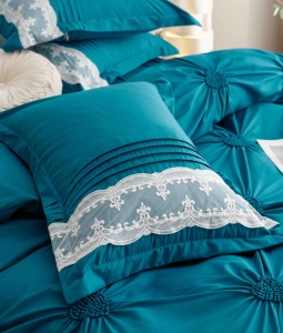 Lenjerie pat dublu, Inimi Brodate, 6 Piese, Finet Premium - Turcoaz - Img 5