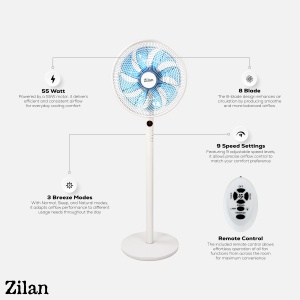 Ventilator cu picior ZILAN ZLN3765 - 60W, 9 viteze, telecomanda, 8 palete - Img 6