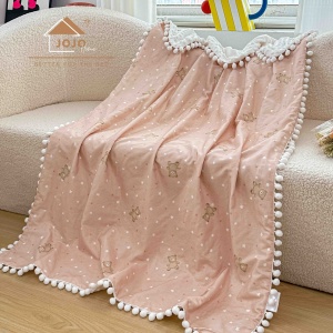 Patura pentru bebelusi si copii cu ciucurei, 100% bumbac, BBB-8, 100x150 cm, Roz