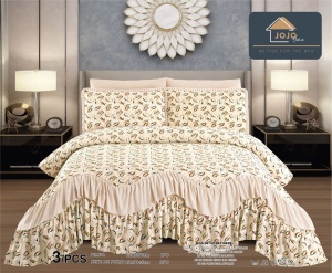 Cuvertura pat dublu matlasata, 3 piese, cu volanase si imprimeu floral, YC-3, 220x270 cm, Crem