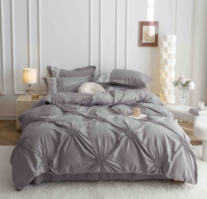 Lenjerie pat dublu, Inimi Brodate, 6 Piese, Finet Premium - Gri - Img 3