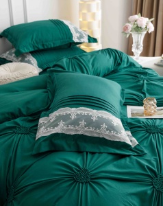 Lenjerie pat dublu, Inimi Brodate, 6 Piese, Finet Premium - Verde - Img 5