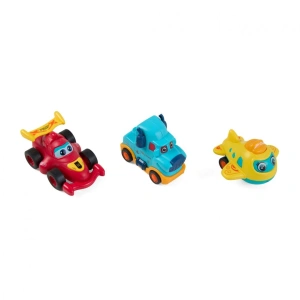 SET 3 VEHICULE ACTIONATE PRIN INERTIE- CAMION ALBASTRU, MASINA DE CURSE ROSIE, AVION GALBEN,MOMKI