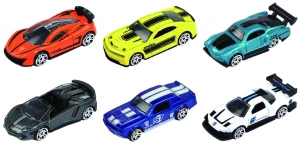 MACHETA DIE CAST, SET 6 MASINI CURSE, SCARA 1/64, 7.5CM, DIVERSE MODELE SI CULORI- PORTOCALIU, GALBEN, BLEU, NEGRU, ALBASTRU, ALB, MOV, ARGINTIU, CARAMIZIU