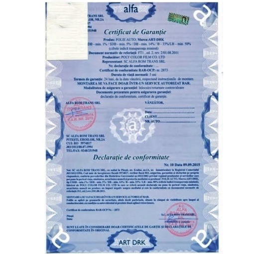 Rola folie auto Omologata - 10m x 1.52m (cu 8 certificate de omologare R.A.R) - Img 4