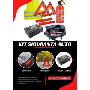 Kit siguranta auto / pachet legislativ - Geanta, stingator auto 1kg, trusa medicala, 2 x triunghi, vesta