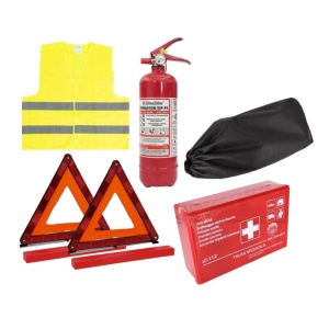 Kit siguranta auto / pachet legislativ - Geanta, stingator auto 1kg, trusa medicala, 2 x triunghi, vesta