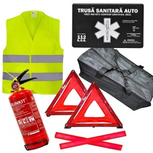 Kit siguranta auto / pachet legislativ - Geanta, stingator auto 1kg, trusa medicala, 2 x triunghi, vesta