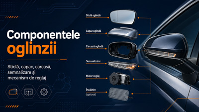 Oglinda auto și componentele ei: sticlă, capac, carcasă și semnalizator