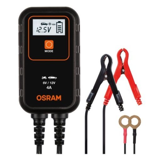 Aparat incarcat baterii auto, voltaj incarcare: 6/12 V OSRAM, curent incarcare: 4A, alimentare: 230V, tip baterie: AGM/Li-Ion/VRLA