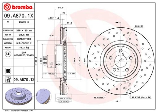 Disc frana BREMBO Xtra fata stanga/dreapta, diametru iesire 316 mm, grosime 30 mm, potrivit SUBARU FORESTER, LEGACY IV, LEGACY V, LEVORG, OUTBACK, TRIBECA 1.6-3.6 09.03-