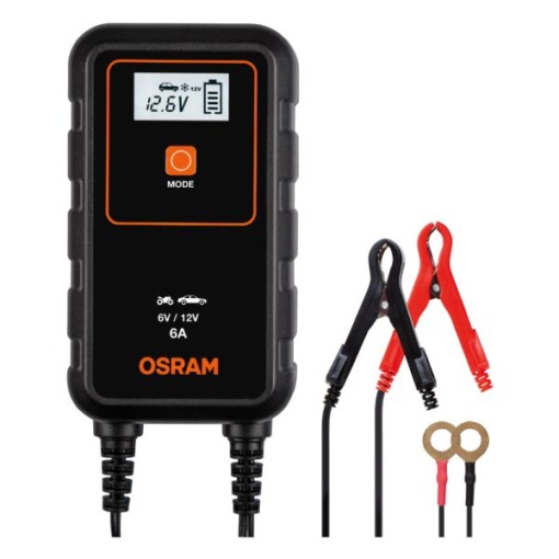 Aparat incarcat baterii auto, voltaj incarcare: 6/12 V OSRAM, curent incarcare: 6A, alimentare: 230V, tip baterie: AGM/Li-Ion/VRLA