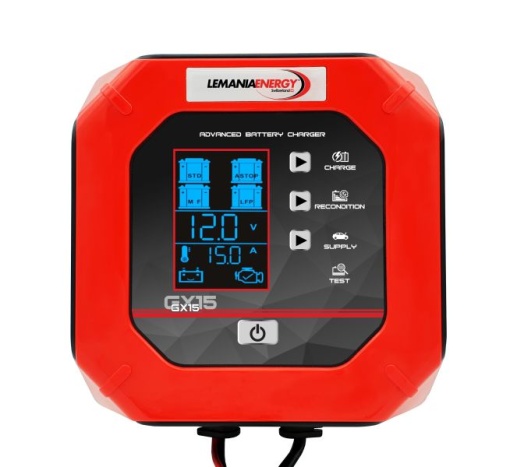 Aparat incarcat baterii auto GX15, voltaj incarcare: 12/24 V LEMANIA ENERGY, curent incarcare: 15A, alimentare: 230V, tip baterie: AGM/EFB/LiFePO4/VRLA/WET