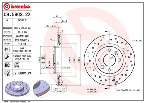 Disc frana BREMBO Xtra, 1 buc., Drilled, fata ; stanga/dreapta, diametru exterior 259 mm, grosime 20,6 mm, potrivit DACIA LOGAN, LOGAN EXPRESS, LOGAN II, LOGAN MCV, SANDERO, SANDERO II 1.0-2.0 01.88-