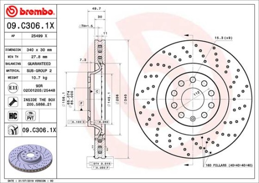 Disc frana BREMBO Xtra, 1 buc., Drilled, fata ; stanga/dreapta, diametru exterior 340 mm, grosime 30 mm, potrivit AUDI A3, Q2, Q3, TT; CHRYSLER VOYAGER III; CUPRA ATECA, FORMENTOR, LEON 1.0-3.6 01.95-