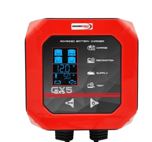 Aparat incarcat baterii auto GX5, voltaj incarcare: 12 V LEMANIA ENERGY, curent incarcare: 5A, alimentare: 230V, tip baterie: AGM/EFB/LiFePO4/VRLA/WET