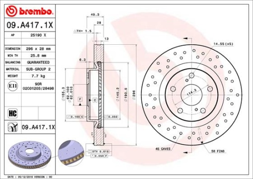 Disc frana BREMBO Xtra fata stanga/dreapta, diametru iesire 296 mm, grosime 28 mm, potrivit LEXUS ES; PONTIAC VIBE; TOYOTA AURIS, AVALON, CAMRY, MARK X ZIO I, MIRAI 1.4D-Electric 06.03-