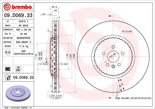 Disc frana Fata Dreapta/Stanga potrivit LAND ROVER RANGE ROVER VELAR 5.0 01.19-
