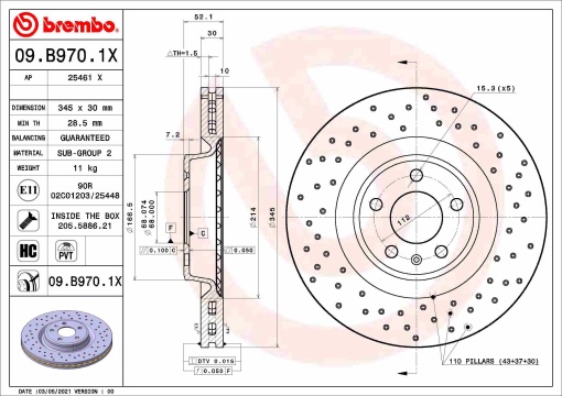 Disc frana BREMBO Xtra, 1 buc., Drilled, fata ; stanga/dreapta, diametru exterior 345 mm, grosime 30 mm, potrivit AUDI A4 ALLROAD B8, A4 B8, A5, A6 C7, A7, A8 D4, Q5; PORSCHE MACAN 1.8-4.2 06.07-