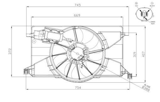 Ventilator radiator (cu carcasa) potrivit FORD C-MAX II, FOCUS III, FOCUS III/HATCHBACK, GRAND C-MAX 1.0-Electric 04.10-02.20