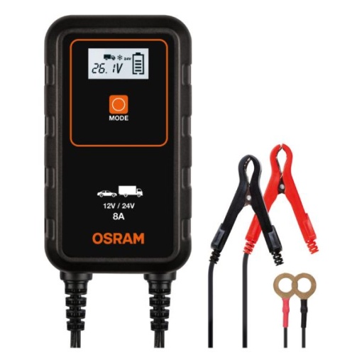 Aparat incarcat baterii auto, voltaj incarcare: 12/24 V OSRAM, curent incarcare: 8A, alimentare: 230V, tip baterie: AGM/Li-Ion/VRLA