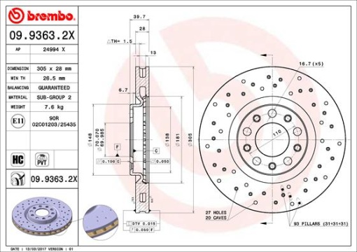 Disc frana BREMBO Xtra, 1 buc., Drilled, fata ; stanga/dreapta, diametru exterior 305 mm, grosime 28 mm, potrivit ALFA ROMEO 159, BRERA, GIULIETTA, GIULIETTA/HATCHBACK, SPIDER; CHRYSLER 200 1.3-2.4 06.05-