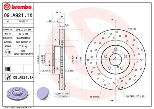 Disc frana BREMBO Xtra fata stanga/dreapta, diametru iesire 293 mm, grosime 24 mm, potrivit SUBARU BRZ, FORESTER, IMPREZA, LEGACY III, LEGACY IV, LEGACY V, OUTBACK, XV 1.6-3.0 03.94-