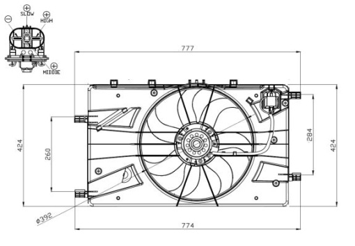Ventilator radiator (cu carcasa) potrivit CHEVROLET CRUZE, ORLANDO; OPEL ASTRA J, ASTRA J GTC, CASCADA, INSIGNIA A, INSIGNIA A COUNTRY, ZAFIRA C 1.3D-2.0D 05.09-