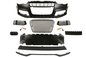 Bara Fata potrivita AUDI A5 8T 2011-2017 (cu grilaje, cu orificii spalator faruri, cu orificii senzori parcare, crom/negru)