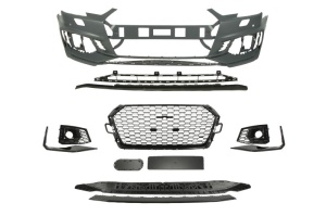 Bara Fata potrivita AUDI A4 B9 2015-2019 (RS4 Type, cu grilaje, cu paranteze de montaj, cu orificii lampa ceata, cu orificii spalator faruri, negru lucios/grund)