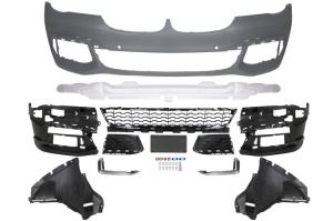 Bara Fata potrivita BMW 7 G11 03 (cu grilaje, cu intarire, cu paranteze de montaj, cu orificii lumini zi, numar orificii senzori parcare: 6, cu suport de gauri, grund)