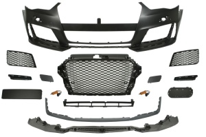 Bara Fata potrivita AUDI A3 8V 2012-2016 (RS Type, cu grilaje, cu valabilitate, cu orificii spalator faruri, cu orificii senzori parcare, negru lucios/grund)