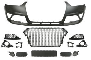 Bara Fata potrivita AUDI A4 B8 2011-2016 (RS4 Type, cu grilaje, cu orificii lampa ceata, cu orificii spalator faruri, cu orificii senzori parcare, crom/negru)