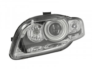 Far stanga potrivit AUDI A4 2004-2008 - (D1S, reglaj electric, cu motoras, fundal negru/insertii crom)