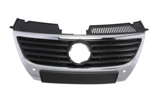 Grila fata potrivit VW PASSAT B6 2005-2010 - Ornament negru, emblema mare, cu locas senzori parcare negru/crom