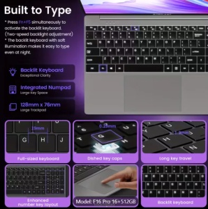 F16 Pro Laptop 15,6 inch Ecran Vasta, Intel Gen 12th CPU, Până la 16GB Ram +512GB SSD Slot 1920×1080 Full HD Windows11Pro Turbo Boost până la 3,4Ghz - Img 5