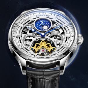 Ceas mecanic de lux pentru bărbați, rezistent la apă până la 30M, din oțel inoxidabil, curea din piele, carcasă cu cataramă, cadran din sticlă, Mark Fairwhale FW-6100