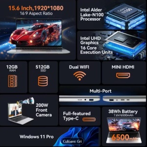 Laptop (2025), Windows 11 Pro, Ecran FHD+ 15.6", 12GB RAM, 512 GB SSD Intel Pentium Quad Core N100 Încărcare Rapidă, 200W Webcam Gri - Img 6