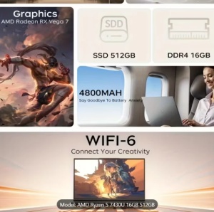 Laptop cu procesor AMD Ryzen 5 7430U 6C/12T, grafică AMD Radeon, 16GB DDR4, 512GB NVMe SSD, ecran IPS Full HD de 15.6", Wi-Fi 6, Type-C cu funcții complete, cameră web - Img 4