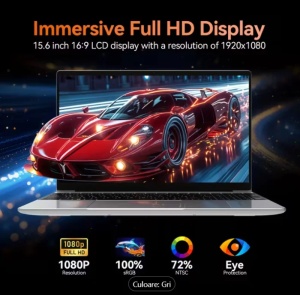 Laptop (2025), Windows 11 Pro, Ecran FHD+ 15.6", 12GB RAM, 512 GB SSD Intel Pentium Quad Core N100 Încărcare Rapidă, 200W Webcam Gri