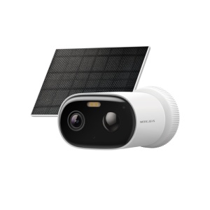 Solar-Power Security Camera Kit SPEC: 2K Resolution (2304×1296), Bullet Camera, Built-in Microphone and Speaker, Color Night Vision, 2.4 GHz & 5 GHz Wi-Fi, 5 W Max Charging Power, IP65 FEATURE: MERCUSYS APP, Smart Detection and Notifications (Motion and