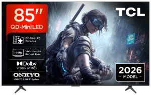 Televizor TCL QD-MiniLED 85T8D, 215 cm, Smart Google TV, 4K Ultra HD, 144Hz, Onkyo
