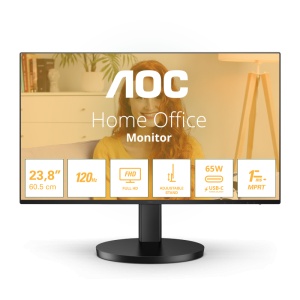 Monitor AOC 23.8" 24B3CF2, Diagonal (inch): 23.8, Diagonal (cm): 60, Aspect ratio: 16:9, Panel: IPS, Resolution: 1920x1080, Refresh Rate: 120Hz, Response time GtG: 4ms, Response time MPRT: 1ms, Brightness (max): 300 cd/m², Contrast (static) : 1500:1,