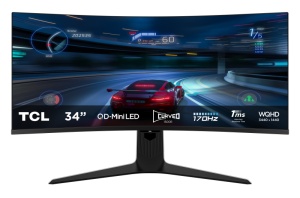 Monitor TCL 34" 34R83Q, Curvature: 1500R, Diagonal (inch): 34, Diagonal (cm): 86, Aspect ratio: 21:9, Panel: QD-Mini LED, Resolution: 3440x1440, Refresh Rate: 170Hz, Response time GtG: 1ms, Brightness (max): 1600 cd/m², Contrast (static) : 4000:1,