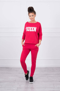Дамски комплект от блуза с надпис Queen и панталон с връзка на кръста