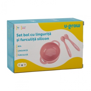 Set bol cu lingurita si furculita silicon, roz, U-Grow - Img 3
