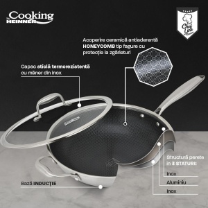 TIGAIE WOK INOX + CAPAC STICLA 30x8.5 CM, 4.5L, TITANIUM3, COOKING BY HEINNER - Img 6