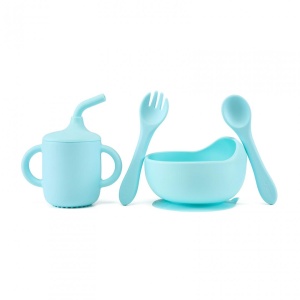 Set 4 piese diversificare din silicon: Cana cu pai, bol , lingurita si furculita, blue, U-Grow - Img 2
